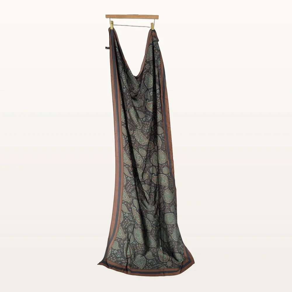 100% Silk Scarf Brown Paisley Bohemian Dark Academia Earthy Luxe Accessory